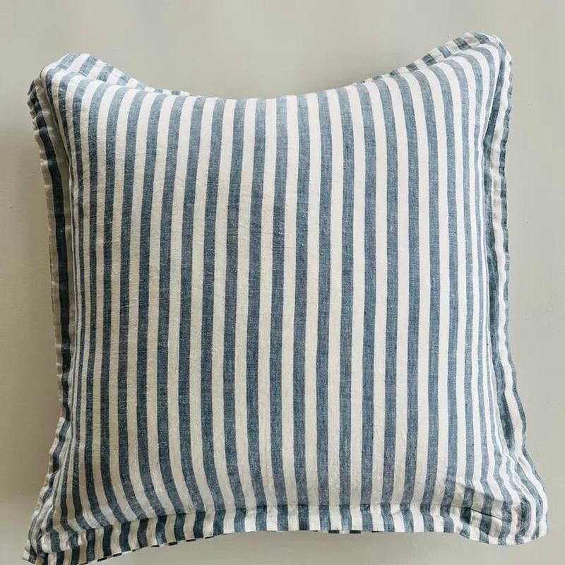 20" Pure French Linen Stone Blue Stripe Pillow Cover