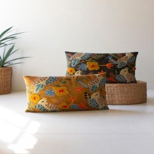 Set of 2 Embroidery Pillows with Birds