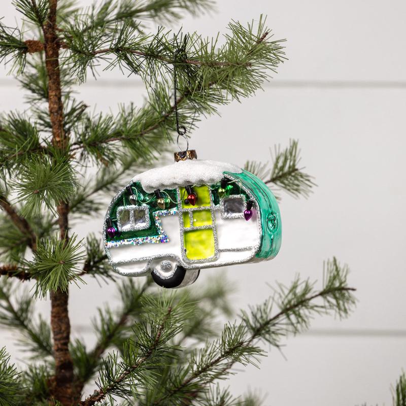 Snowy Christmas Camper Glass Ornament