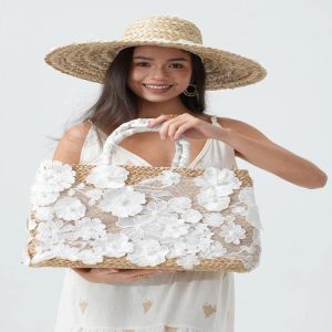 Straw Tote with Floral Lace and Pearls - Choose White or Natural Color
