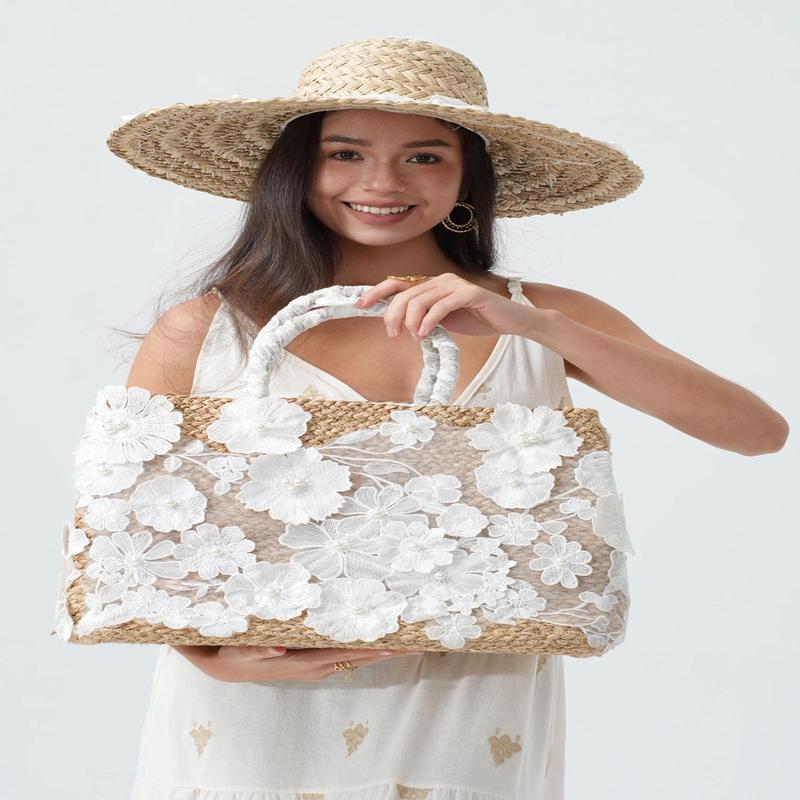 Straw Tote with Floral Lace and Pearls - Choose White or Natural Color