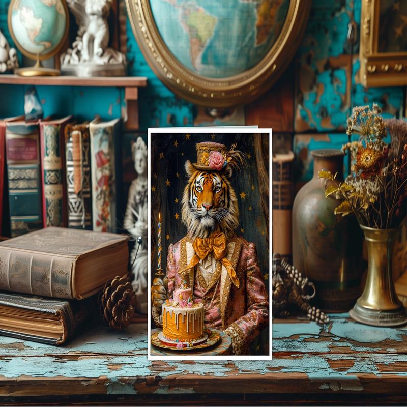 Tiger with Pink Tiered Cake - Note Card