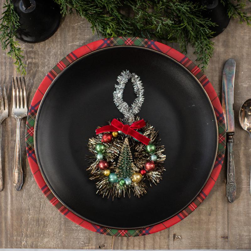 Vintage Style Beaded Tinsel Wreath with Red Bow Ornament