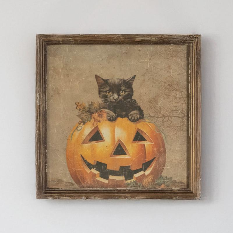 16.5" Weathered Framed Cat in Pumpkin Print