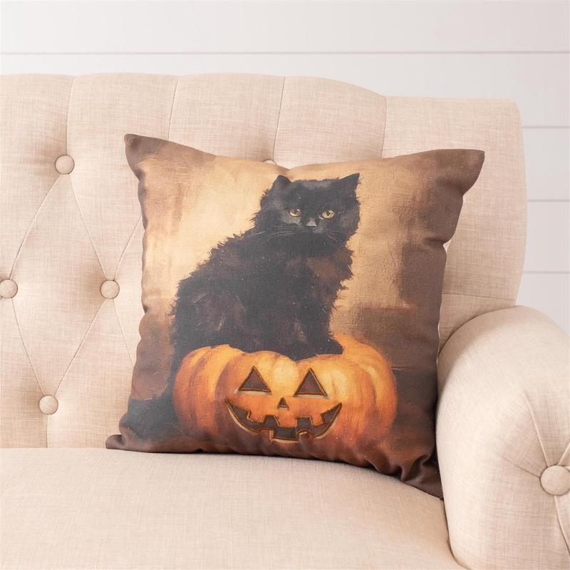 18" Black Cat with Jack O Lantern Pillow