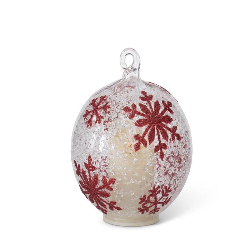 4" LED Ice Textured Clear Glass with Red White Snowflakes Ornament w/Timer