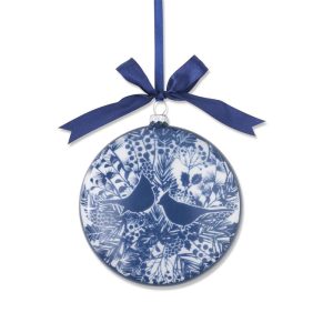 5" Blue & White Glass Floral Print w/Birds Ornament