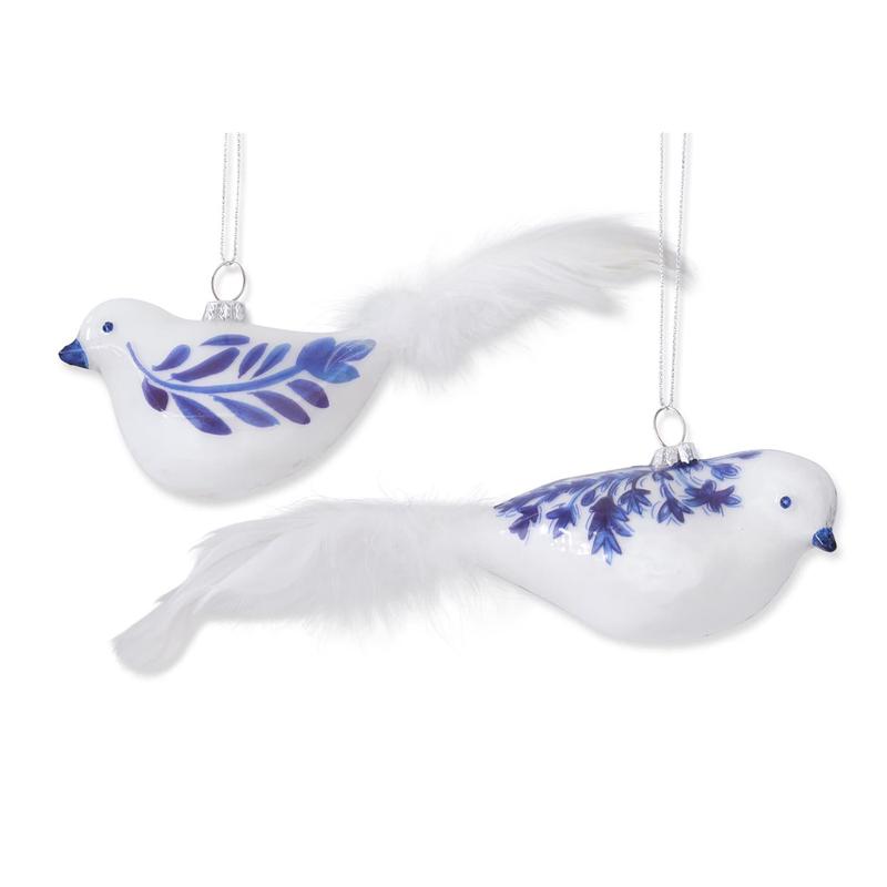 Blue & White Glass Bird Ornament w/Feather Tail - Choose Style
