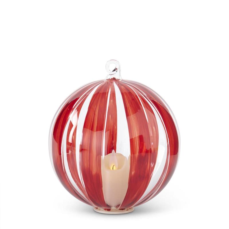 LED Hand Painted Red Stripe on Clear Glass Ornament w/Timer - Choose Size