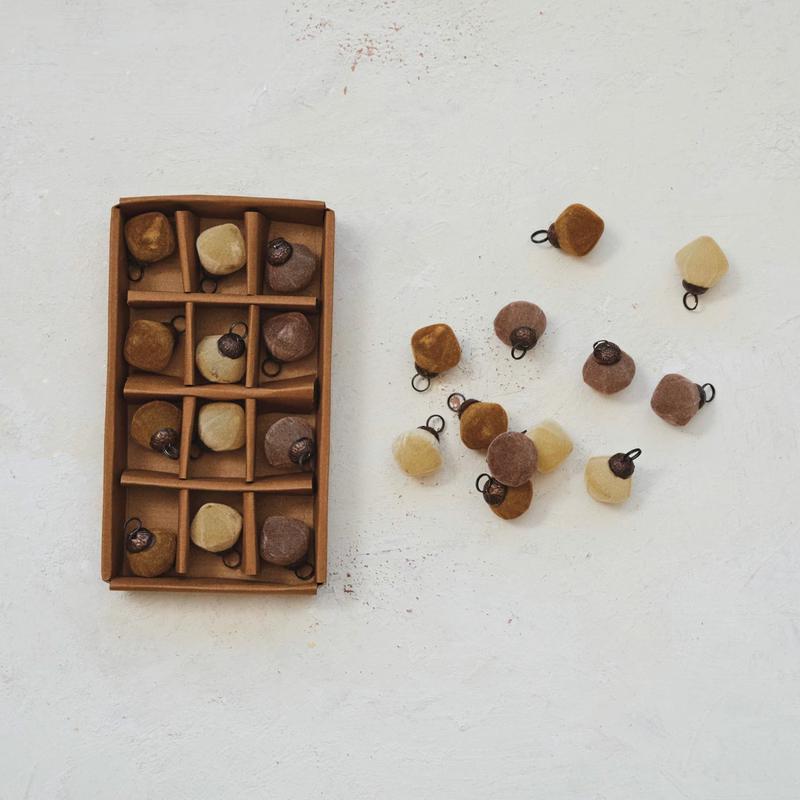 Set of 12 Flocked Ornaments - Brown, Camel and Cream Color