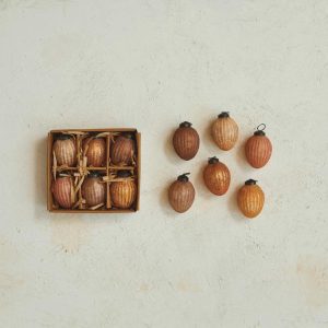 Set of 6 Mercury Glass Ornaments - Brown, Camel and Cream Color