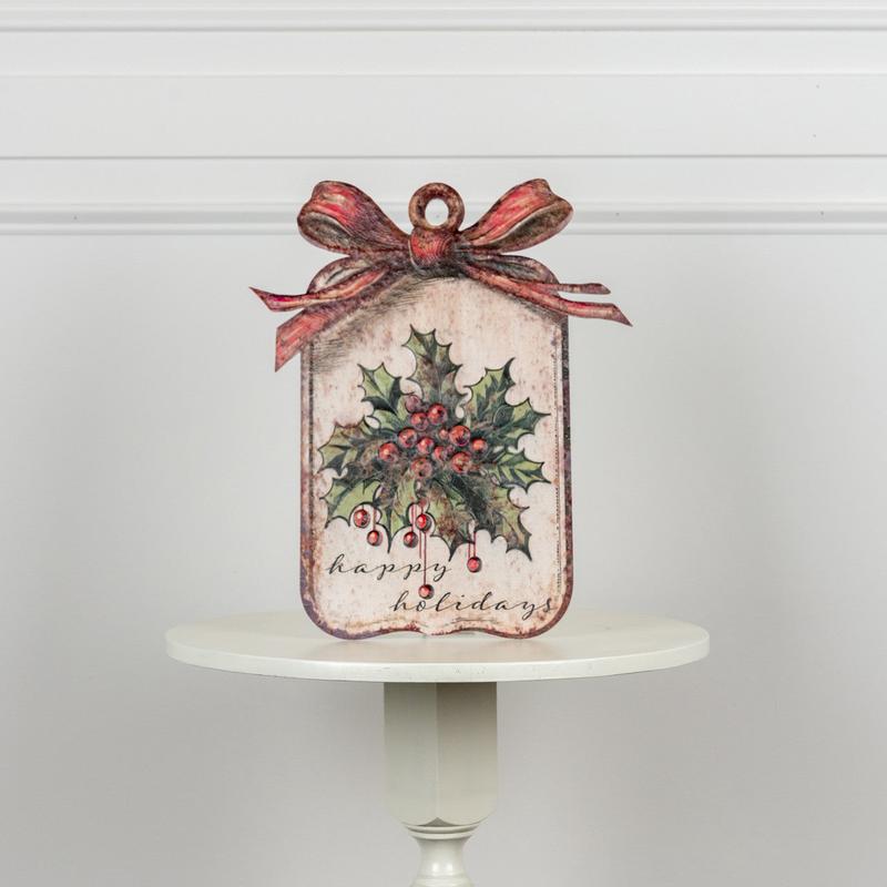 18" Vintage Style Metal Happy Holidays Gift Tag Wall Decor