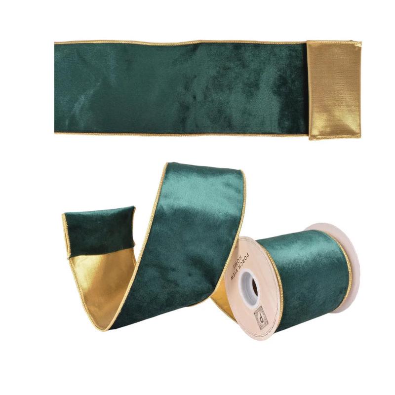5 Yards Holiday Emerald Velvet With Gold Edge & Reverse Ribbon