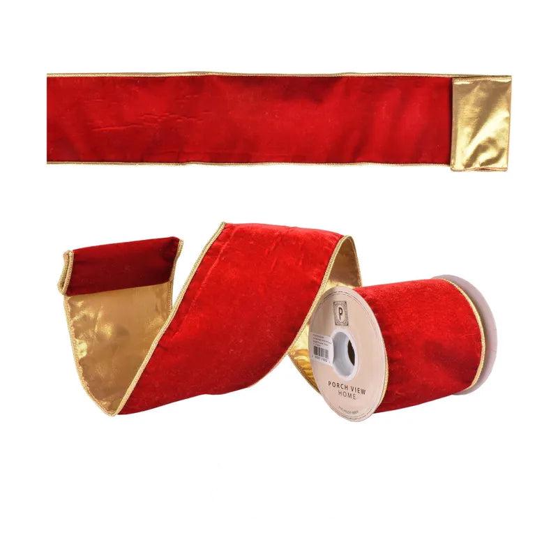 5 Yards Holiday Red Velvet With Gold Edge & Reverse Ribbon