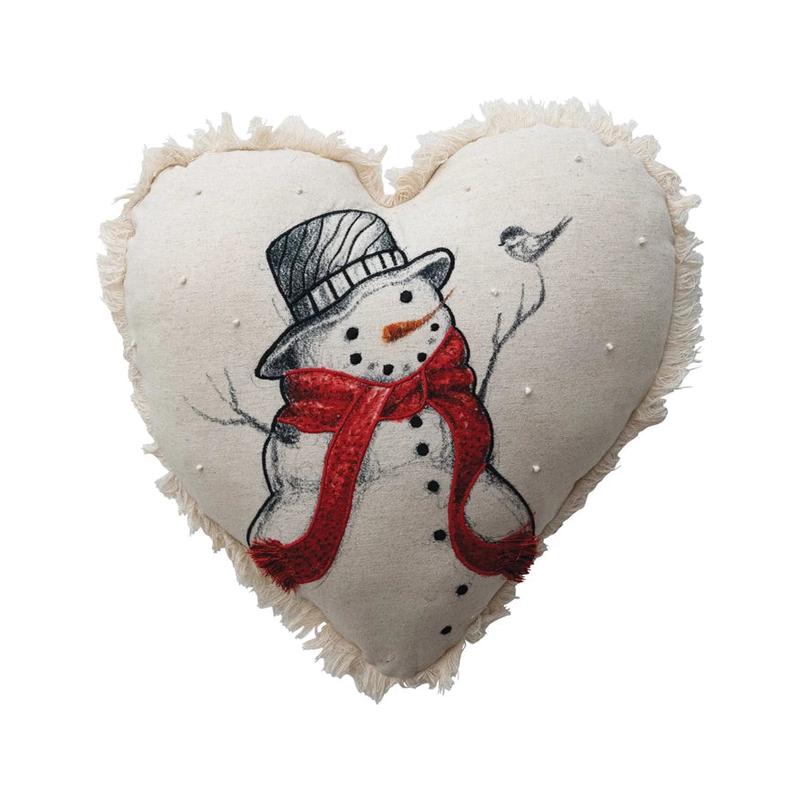 Heart Shaped Printed Snowman Pillow with French Knots