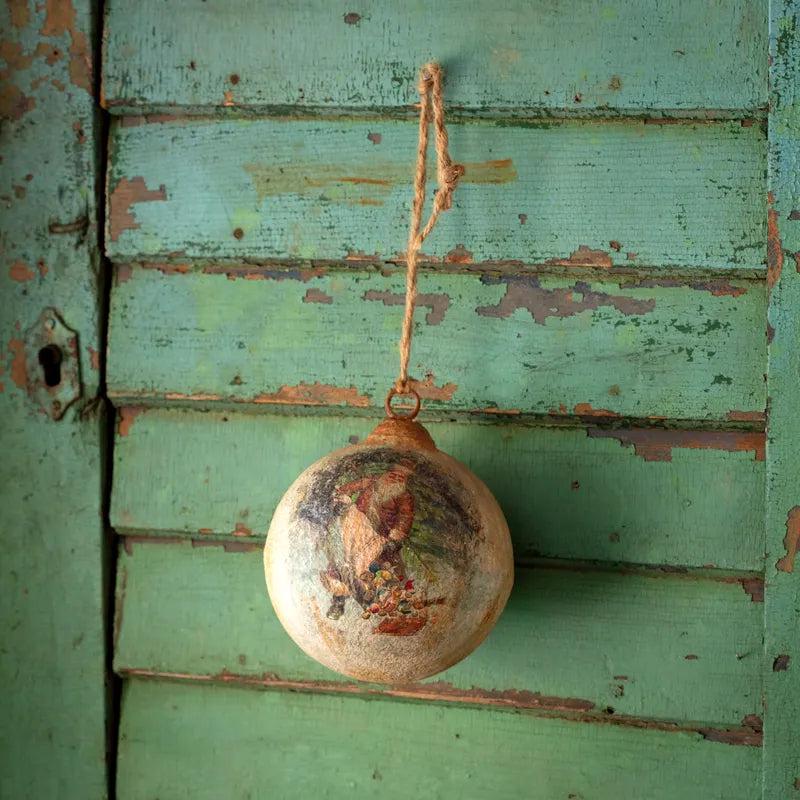 Santa Bearing Gifts Aged Zinc Christmas Ball - Choose Size