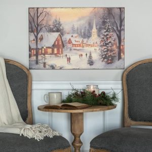 Snowy Winter Village on Metal Wall Decor