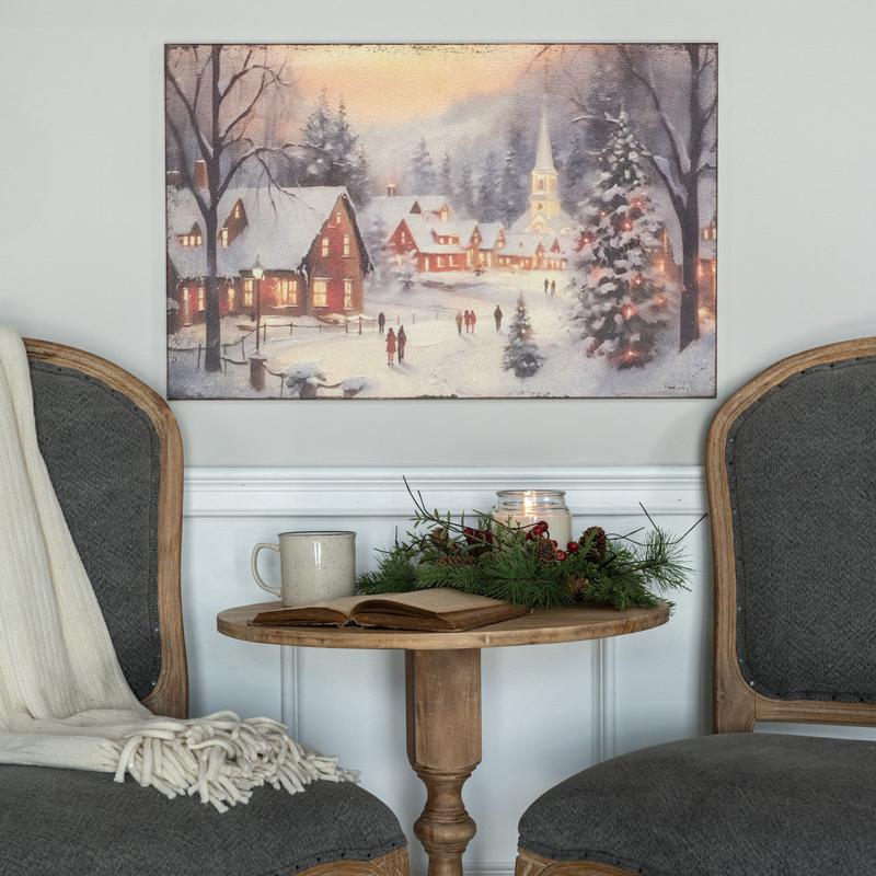 Snowy Winter Village on Metal Wall Decor