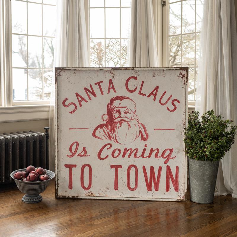 Vintage Style Santa Claus Is Coming To Town Sign - Red and White