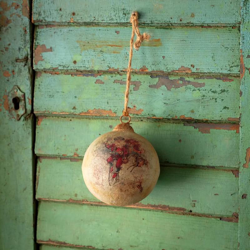 Whimsical Santa Aged Zinc Christmas Ball - Choose Size
