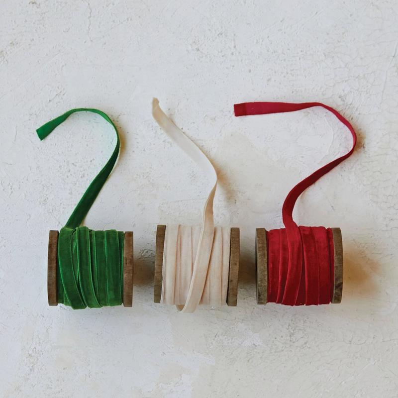 Wooden Spool with Velvet Ribbon - Choose From 3 Holiday Colors