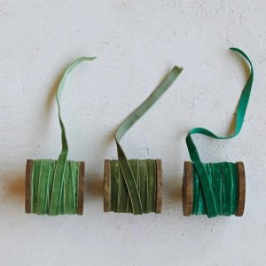 Wooden Spool with Velvet Ribbon - Choose From 3 Shades of Green