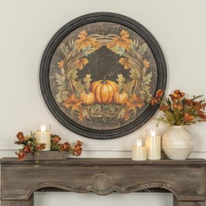 26" Weathered Round Framed Pumpkin Harvest Print