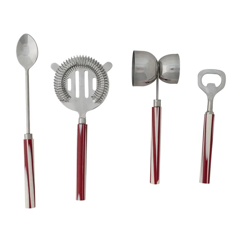 Bar Tools with Red and White Marbled Resin Handles