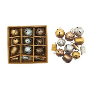 Set of 12 Metal Bell Ornaments with Gold, Silver and Copper Finish