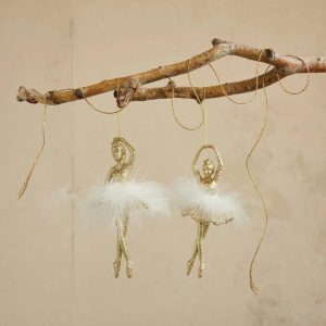 Set of 2 Ballerina Ornaments with Feathered Tutu