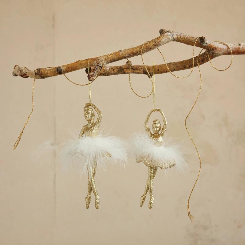 Set of 2 Ballerina Ornaments with Feathered Tutu