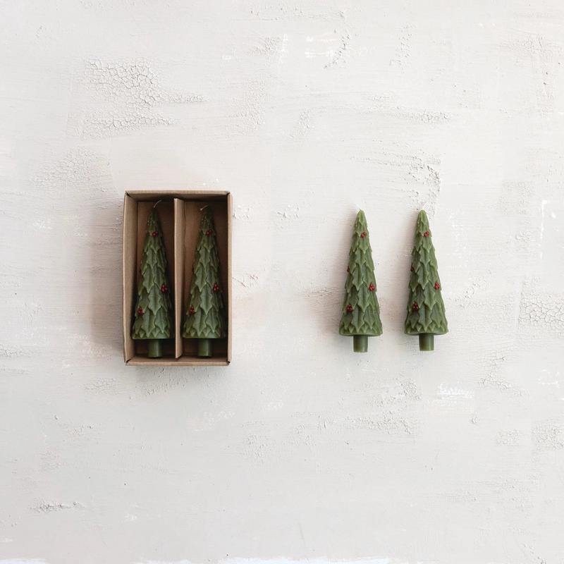 Set of 2 Tree Shaped 8" Taper Candles - Green with Berries