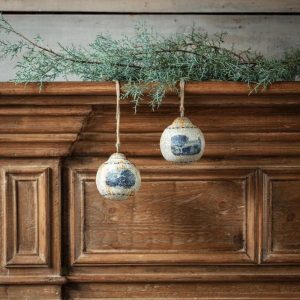 Set of 2 Vintage Style Zinc Blue and White Tole Ornaments - 4"