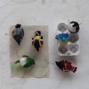 Set of 6 Felt Bird Ornaments with Egg Crate
