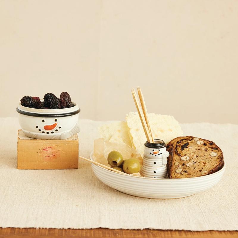 Stoneware Bowl with Snowman Toothpick Holder
