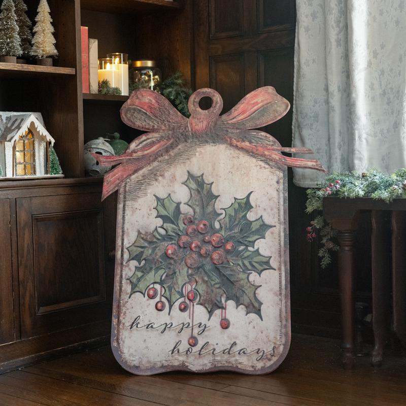 35.75" Vintage Style Metal Happy Holidays Gift Tag Metal Sign