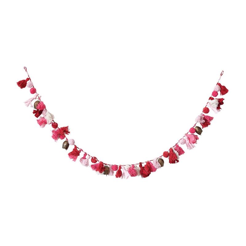 72" Handmade Recycled Pink, Red and Cream Cotton Tassel & Bell Garland