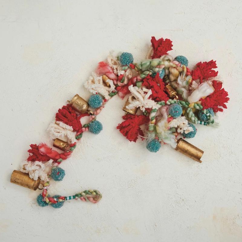 72" Handmade Wool & Cotton Garland with Pom Poms and Metal Bells