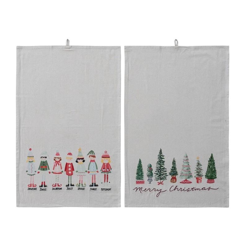 Holiday Cotton Printed Tea Towel - Choose Elves Or Trees