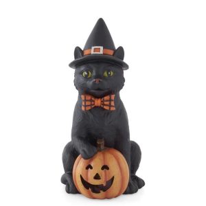 LED Light Up Black Cat with Witch Hat and Jack O Lantern
