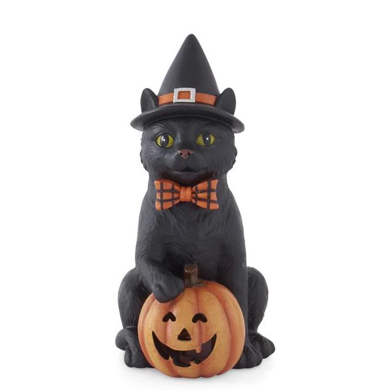 LED Light Up Black Cat with Witch Hat and Jack O Lantern