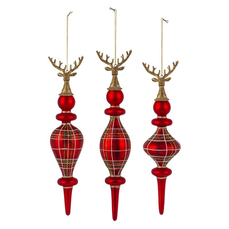 Plaid Glass Deer Finial Ornament - Choose Style