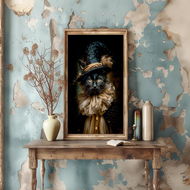 8x10 Magic Black Cat in Wizard Hat Print Wall Decor