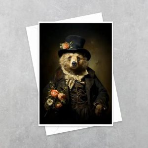 Gentleman Bear with Pink Flowers - Note Card