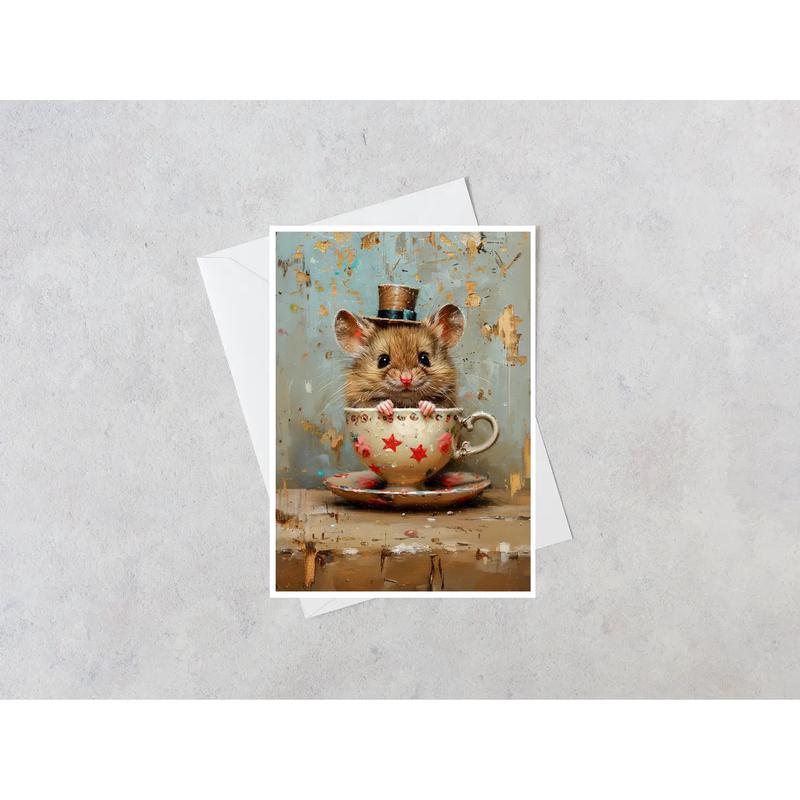 Mouse in Star Vintage Cup and Saucer - Note Card