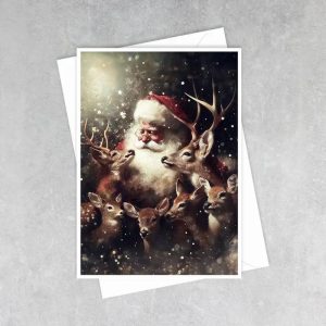Vintage Santa And Deer - Note Card