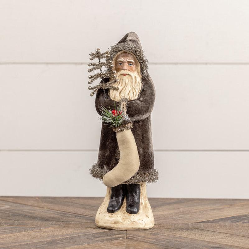 12" Belsnickle Santa With Tinsel Tree and Stocking - Charcoal
