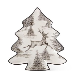 12" Black and White Toile Deer Tree Shaped Tray