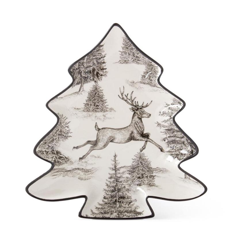 12" Black and White Toile Deer Tree Shaped Tray