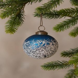 3" Blue Glass Ornament with Speckled White